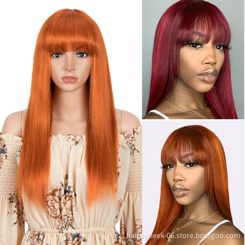 Hot selling Orange brown Burgundy black16~28 inches Straight Wig With Bang Brazilian Remy Human Hair Wig  Full Machine Made Wig